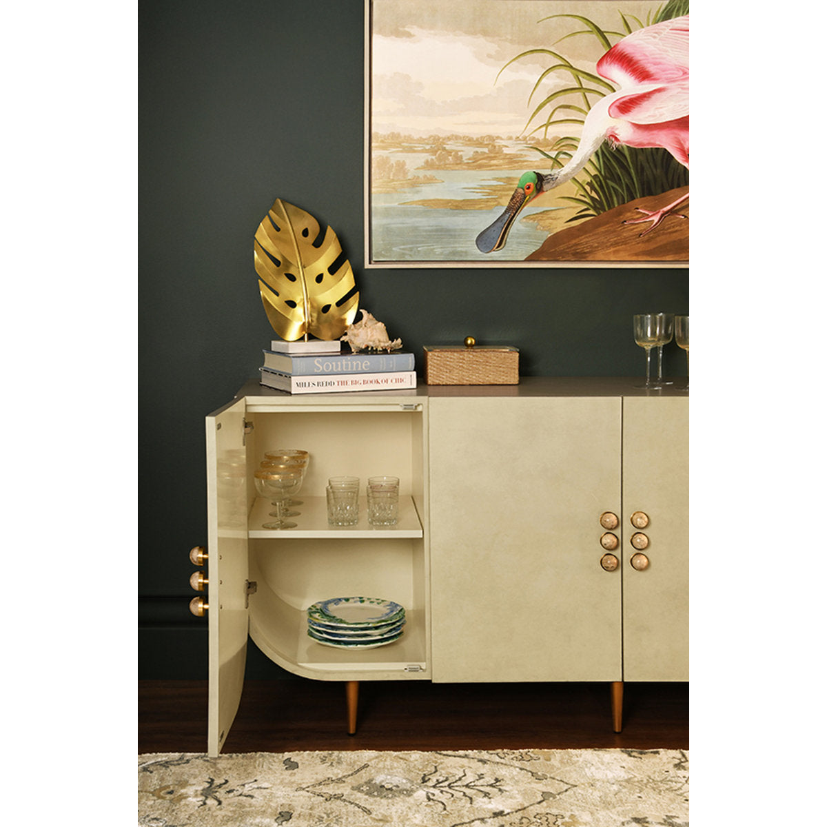 Worlds Away Four Door Buffet With Curved Bottom Corners And Stone Hardware In Faux Parchment