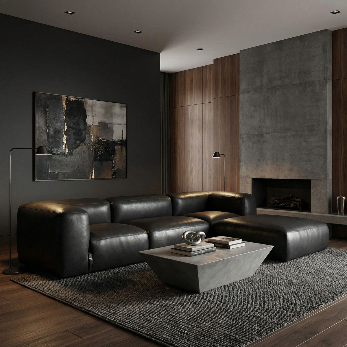 Noir Augustus Modular Sofa Ottoman Santosa Matte Black Leather