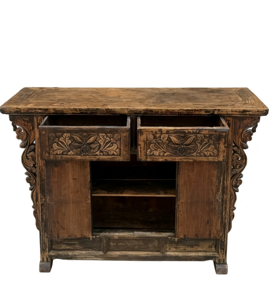 Carved Elm Dual-Drawer Cabinet