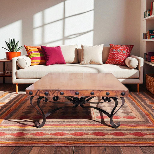 Elegant Hammer Copper Square Coffee Table with Iron Pedestal