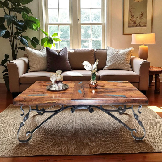 Mesquite & Turquoise Coffee Table: Handcrafted Rustic Living Room Centerpiece
