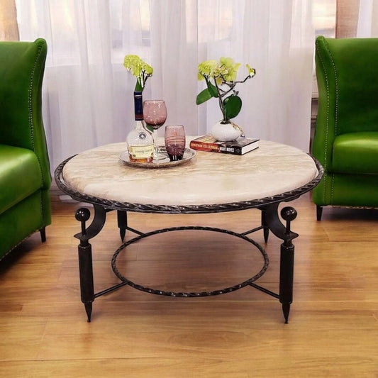 Southwestern Round Coffee Table With Travertine Marble And Wrought Iron