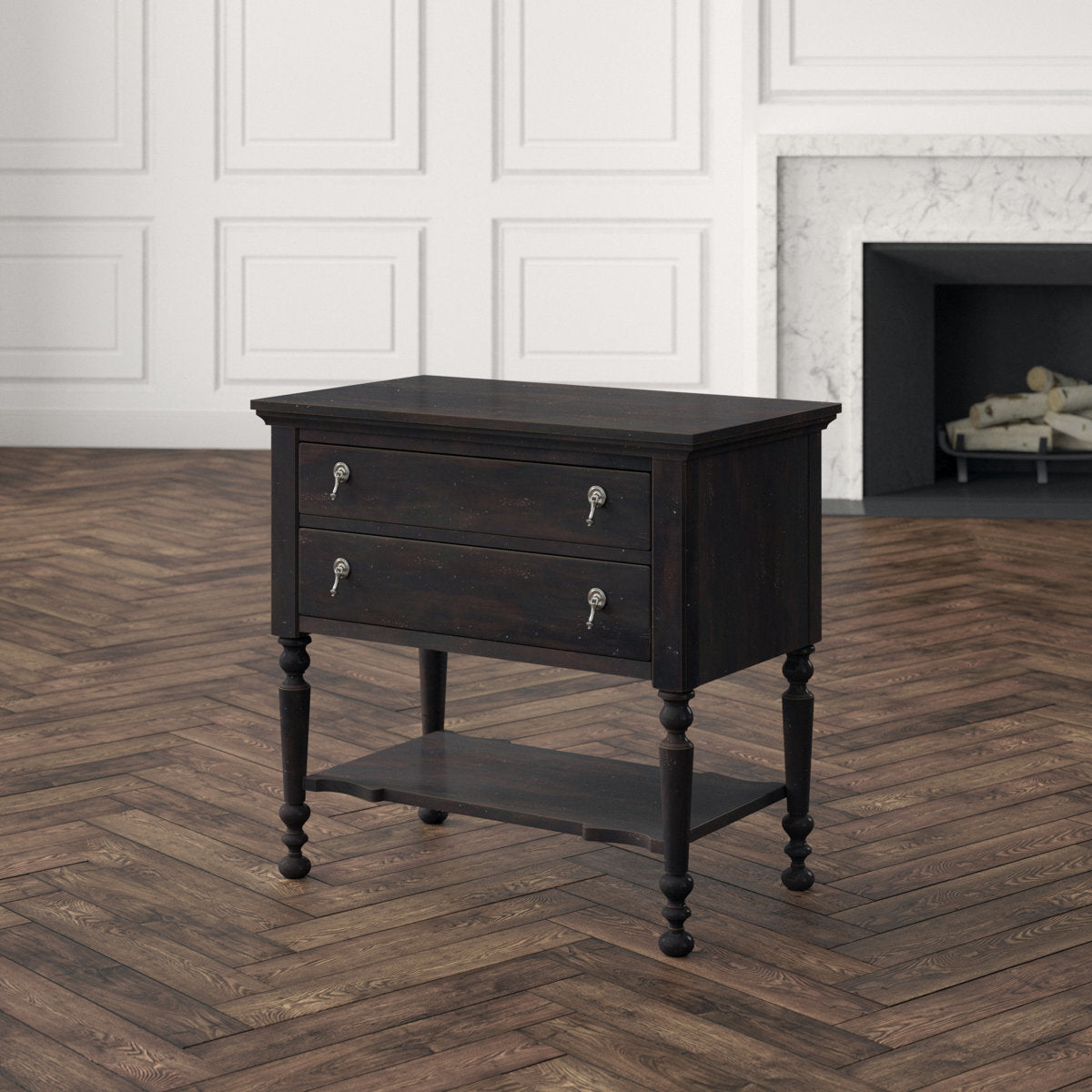 2 - Drawer Solid Wood Nightstand in Ebony