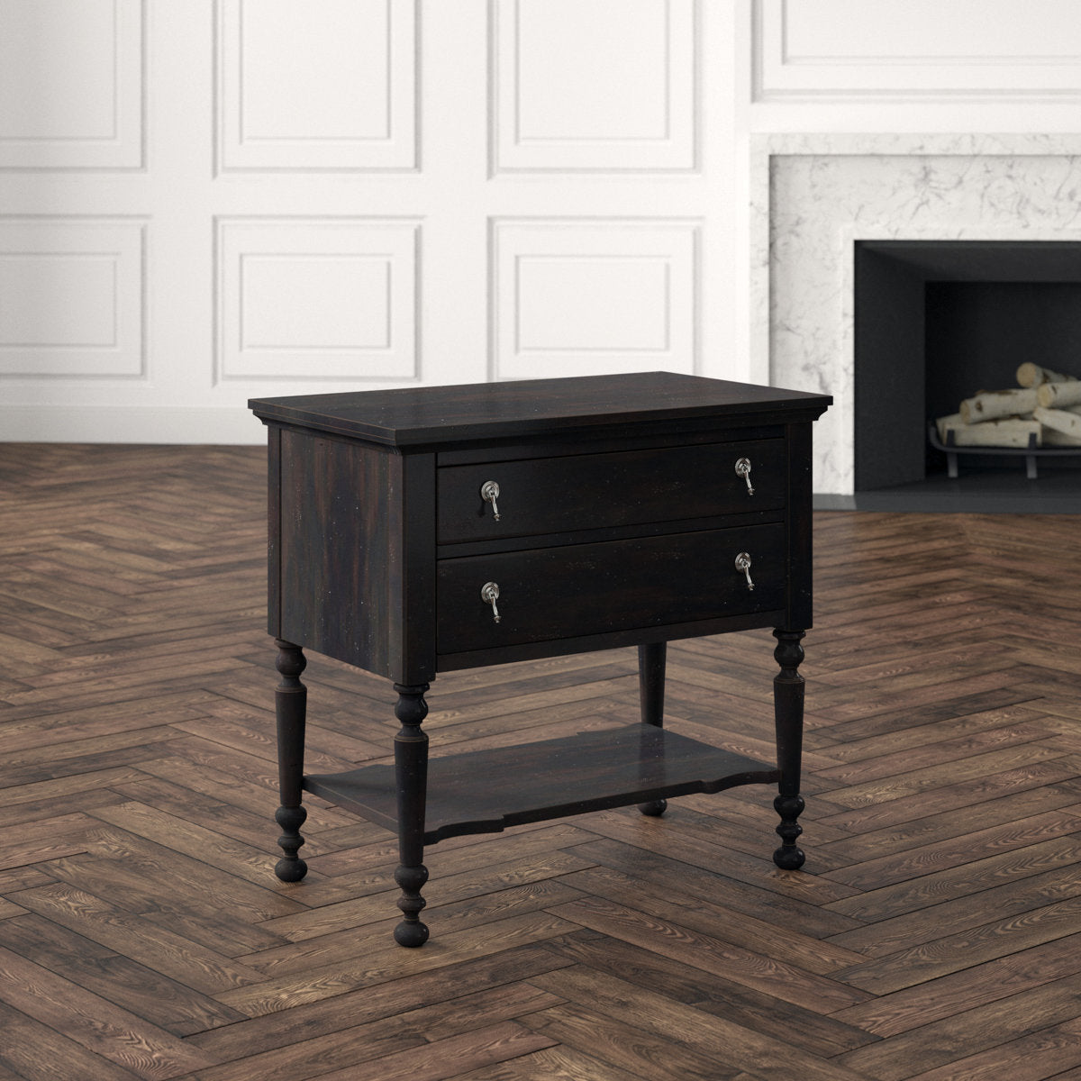 2 - Drawer Solid Wood Nightstand in Ebony
