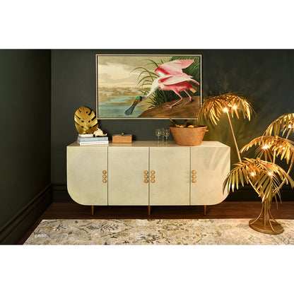 Worlds Away Four Door Buffet With Curved Bottom Corners And Stone Hardware In Faux Parchment