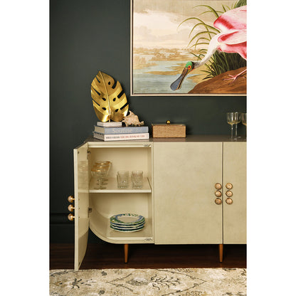 Worlds Away Four Door Buffet With Curved Bottom Corners And Stone Hardware In Faux Parchment