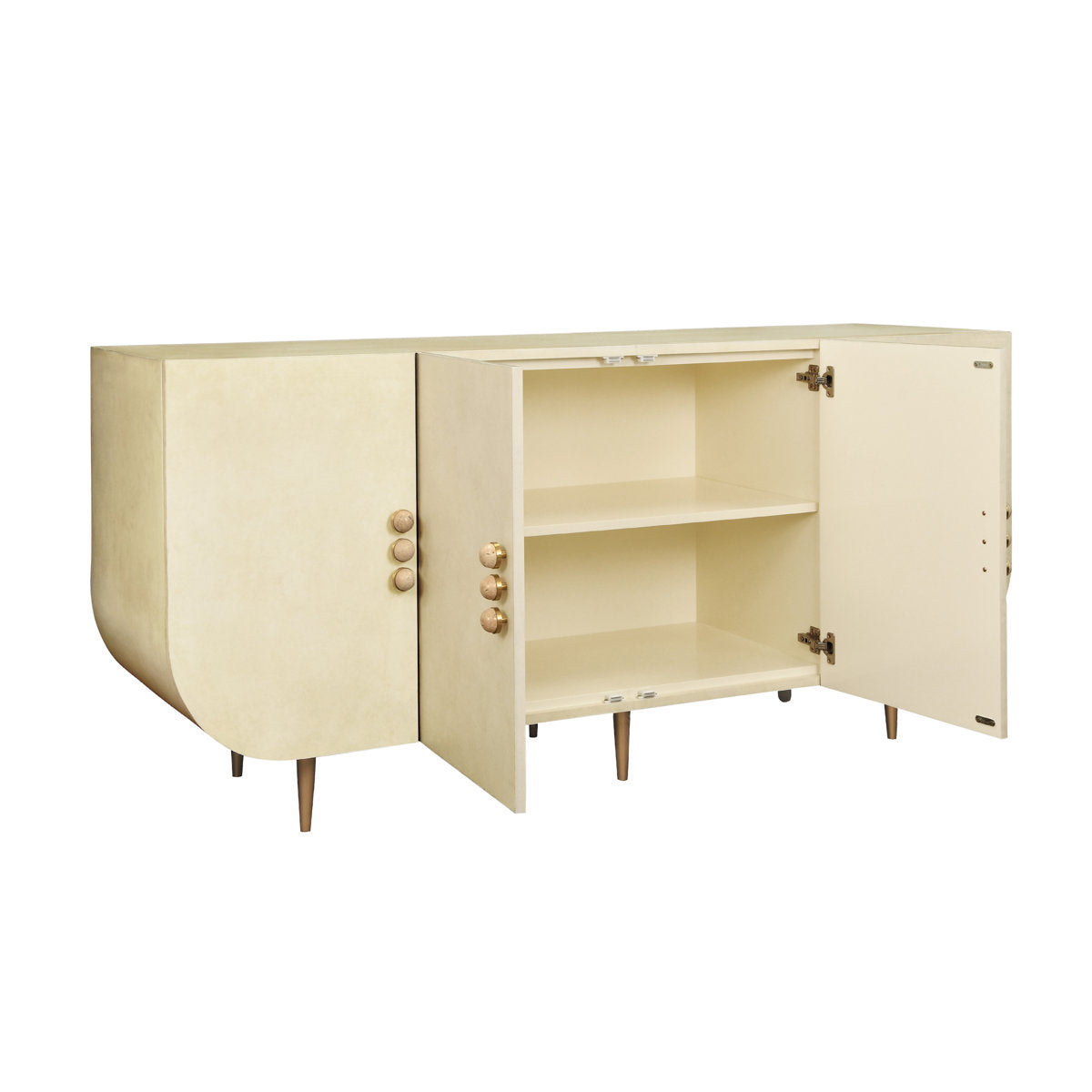 Worlds Away Four Door Buffet With Curved Bottom Corners And Stone Hardware In Faux Parchment