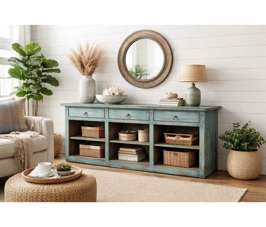 Approx. 91 Inches Wide  Counter Table with Three Drawers Distressed Blue