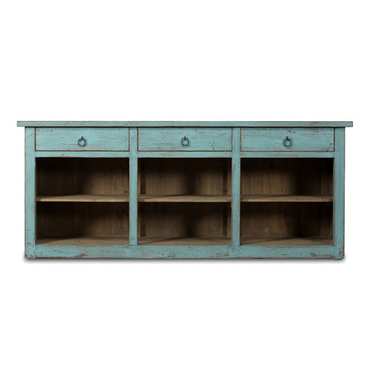Approx. 91 Inches Wide  Counter Table with Three Drawers Distressed Blue