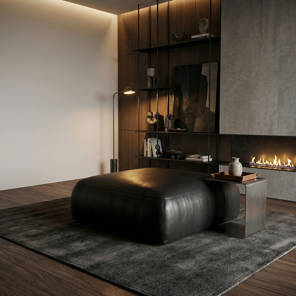 Noir Augustus Modular Sofa Ottoman Santosa Matte Black Leather