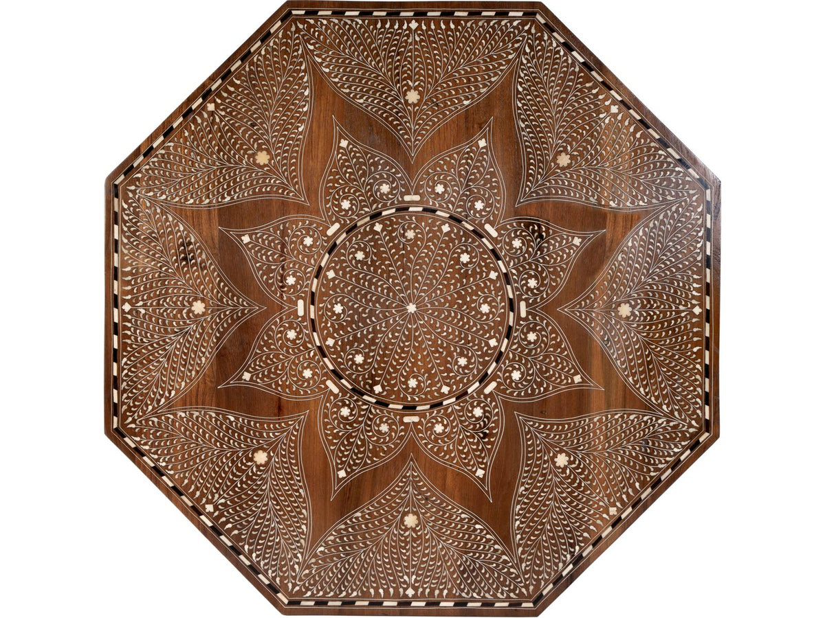 Mandore Octagon Coffee Table in Distressed Brown Teak and Bone Inlay