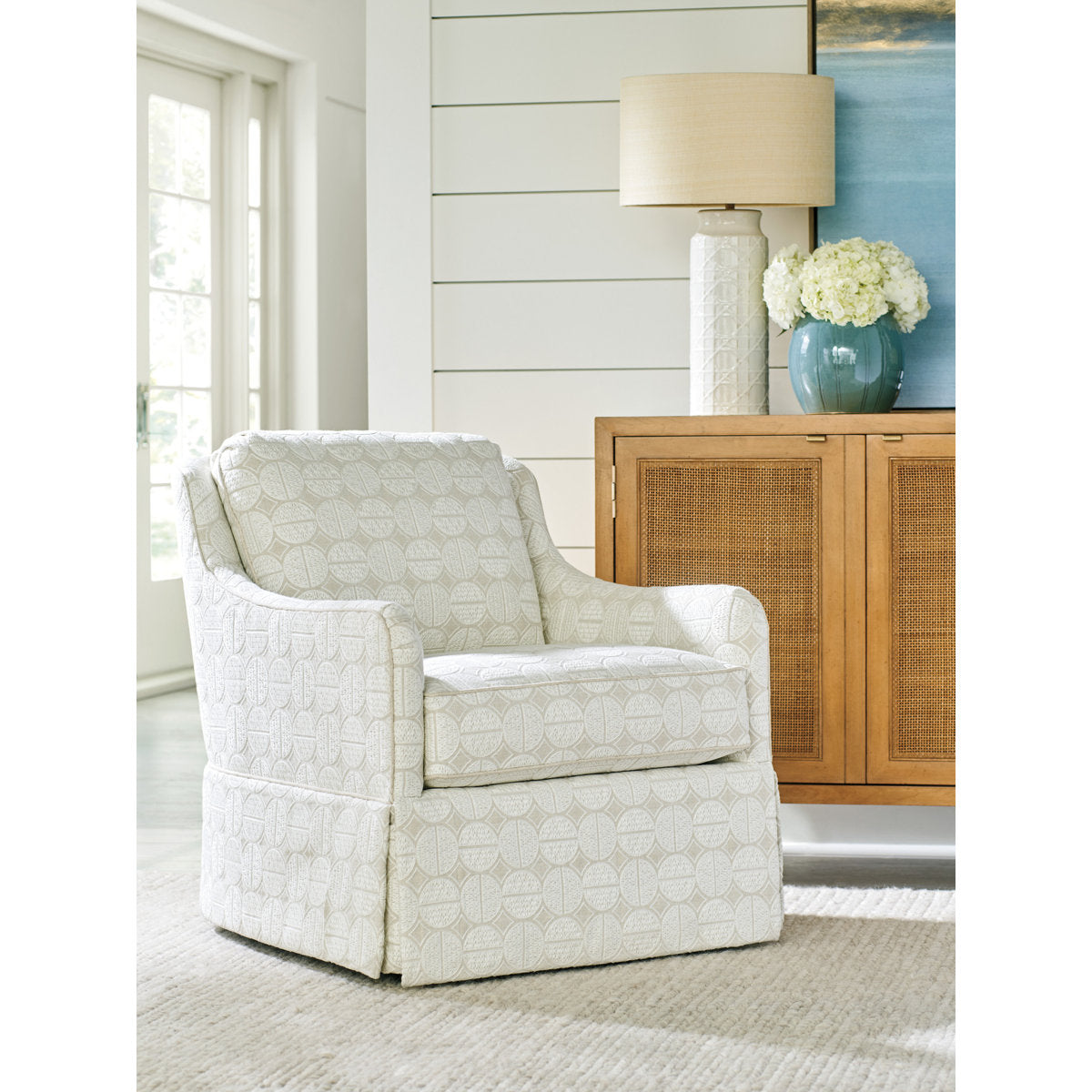 Barclay Butera Upholstery Swivel Slipcovered Armchair Chair with Ottoman