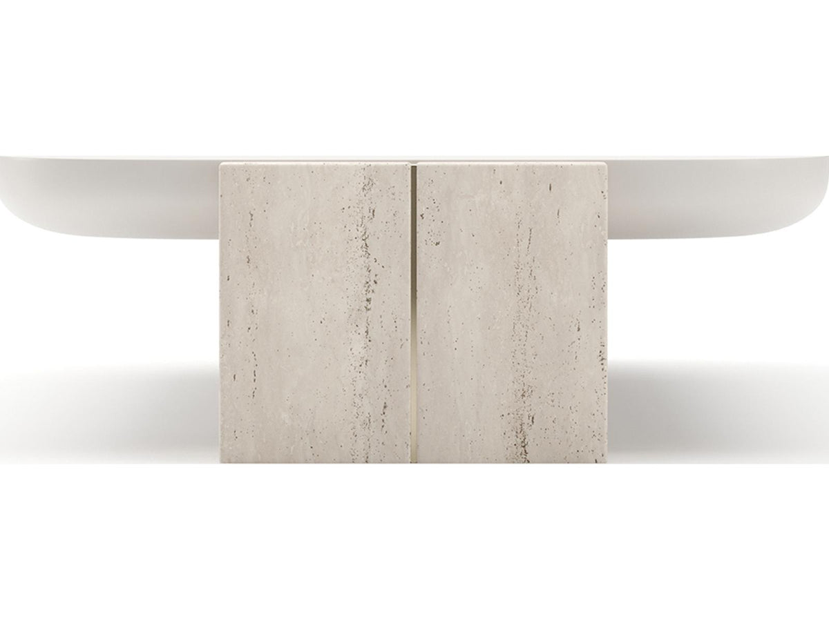 Overlap Rectangle Cocktail Table with Travertine Stone and Latte Finish