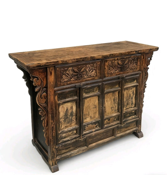 Carved Elm Dual-Drawer Cabinet