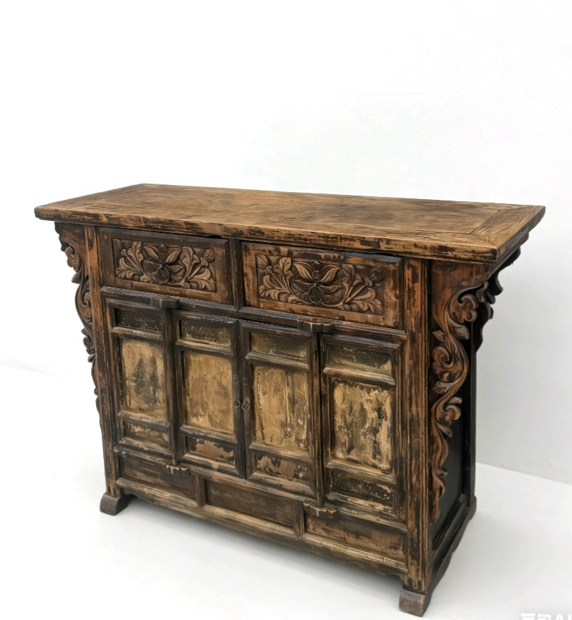 Carved Elm Dual-Drawer Cabinet