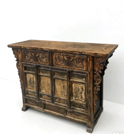 Carved Elm Dual-Drawer Cabinet