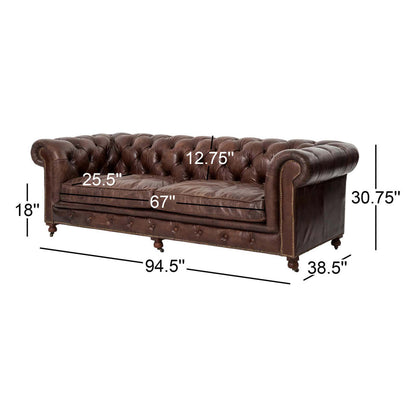 Four Hands Conrad 955 Wide Genuine Leather Rolled Arm Chesterfield Sofa