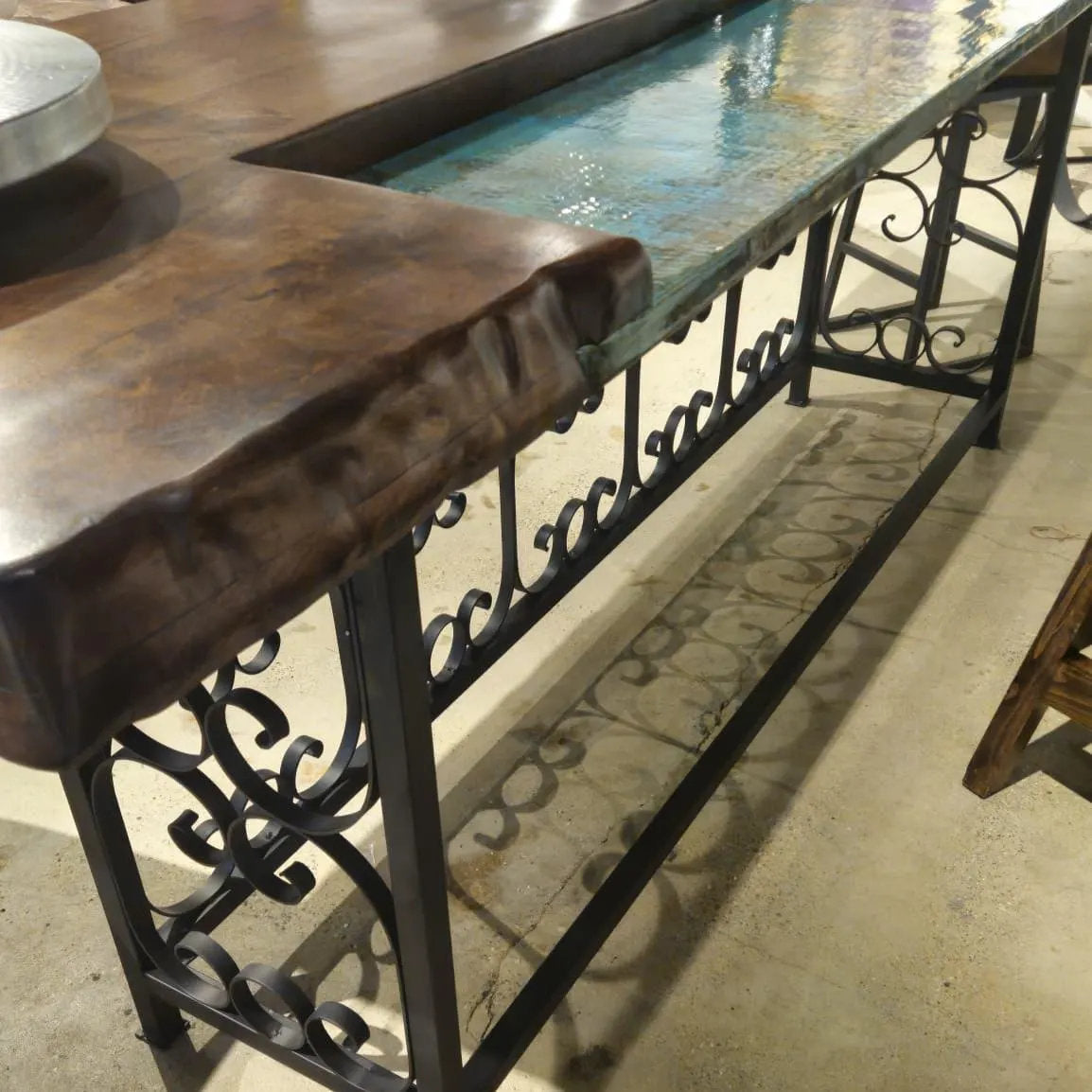 Mexports By Susana Molina Countertop Mesquite Live Edge Bar Table With Oxidized Copper Inlay