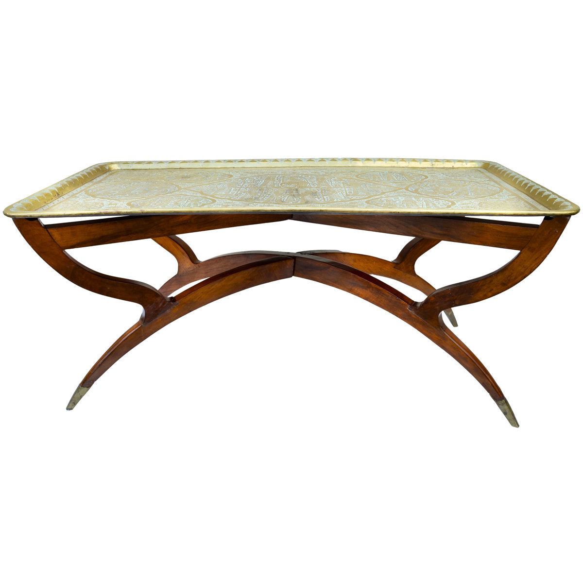 The Moroccan Room Early 20Th Century Handmade Babylonian Patterned Brass Tray Accent Table