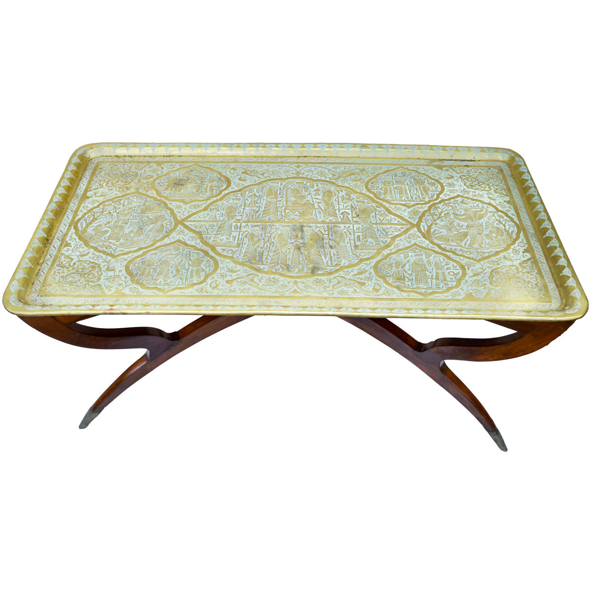 The Moroccan Room Early 20Th Century Handmade Babylonian Patterned Brass Tray Accent Table