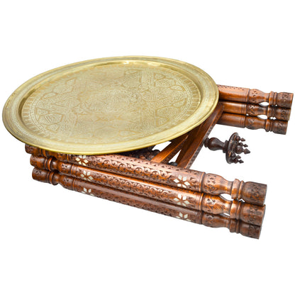 The Moroccan Room Early 20Th Century Moorish Patterned Brass Tray Table W Inlaid Wooden Base