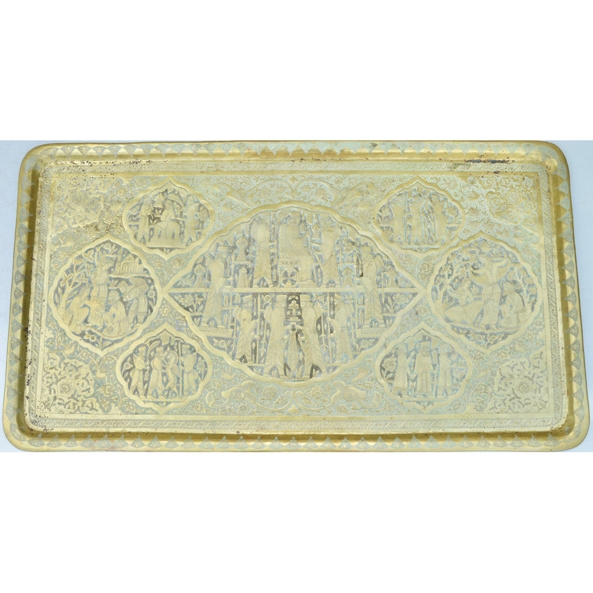 The Moroccan Room Early 20Th Century Handmade Babylonian Patterned Brass Tray Accent Table