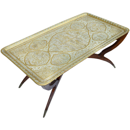 The Moroccan Room Early 20Th Century Handmade Babylonian Patterned Brass Tray Accent Table