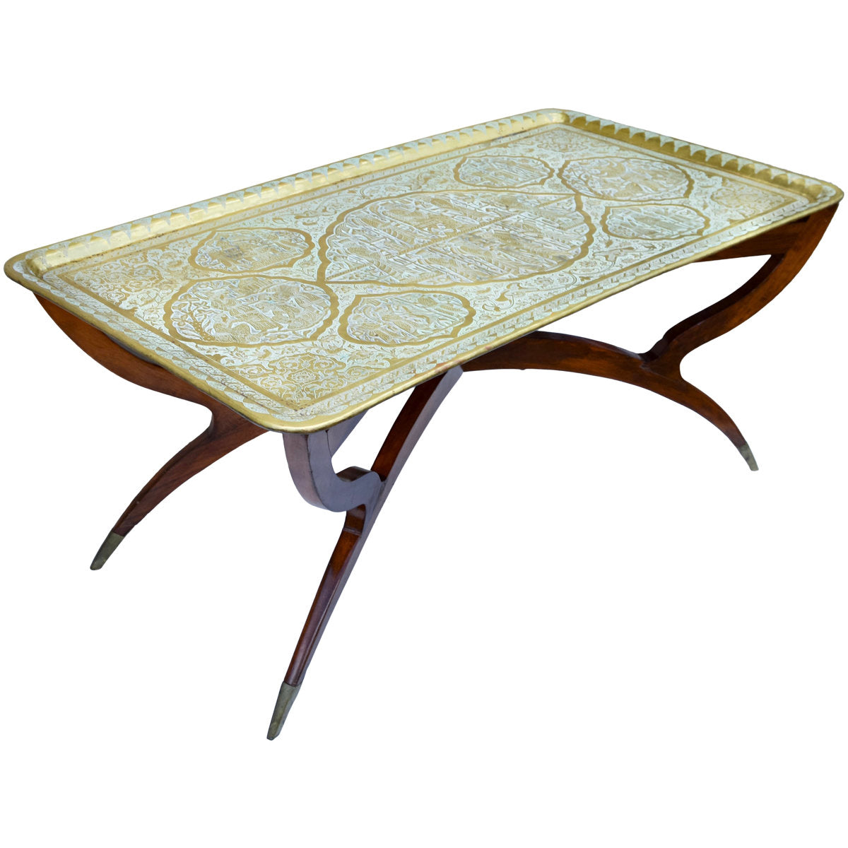 The Moroccan Room Early 20Th Century Handmade Babylonian Patterned Brass Tray Accent Table