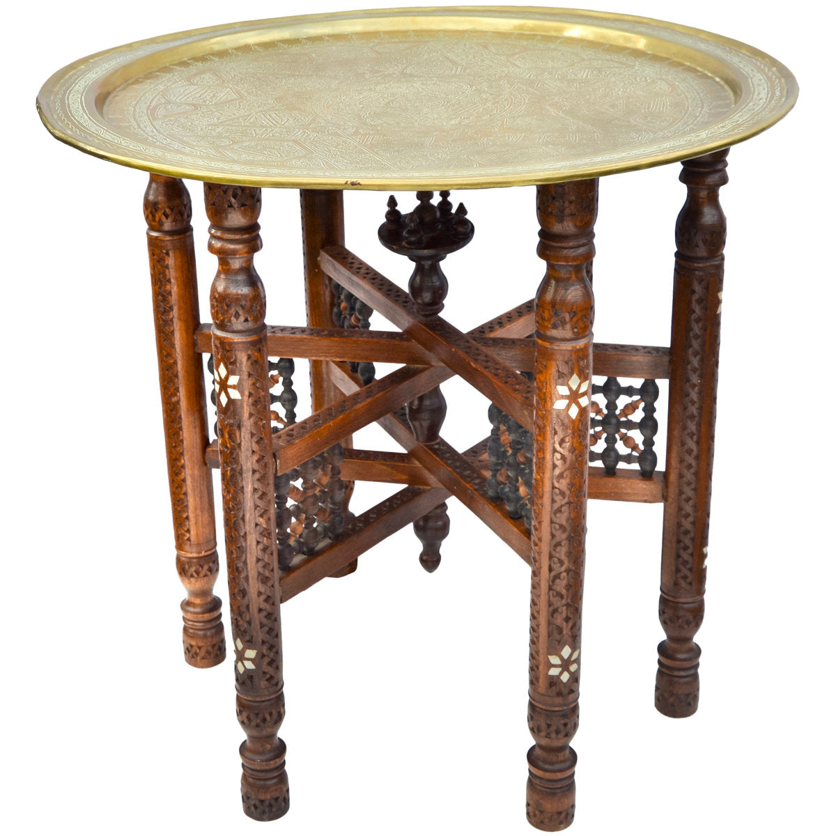 The Moroccan Room Early 20Th Century Moorish Patterned Brass Tray Table W Inlaid Wooden Base