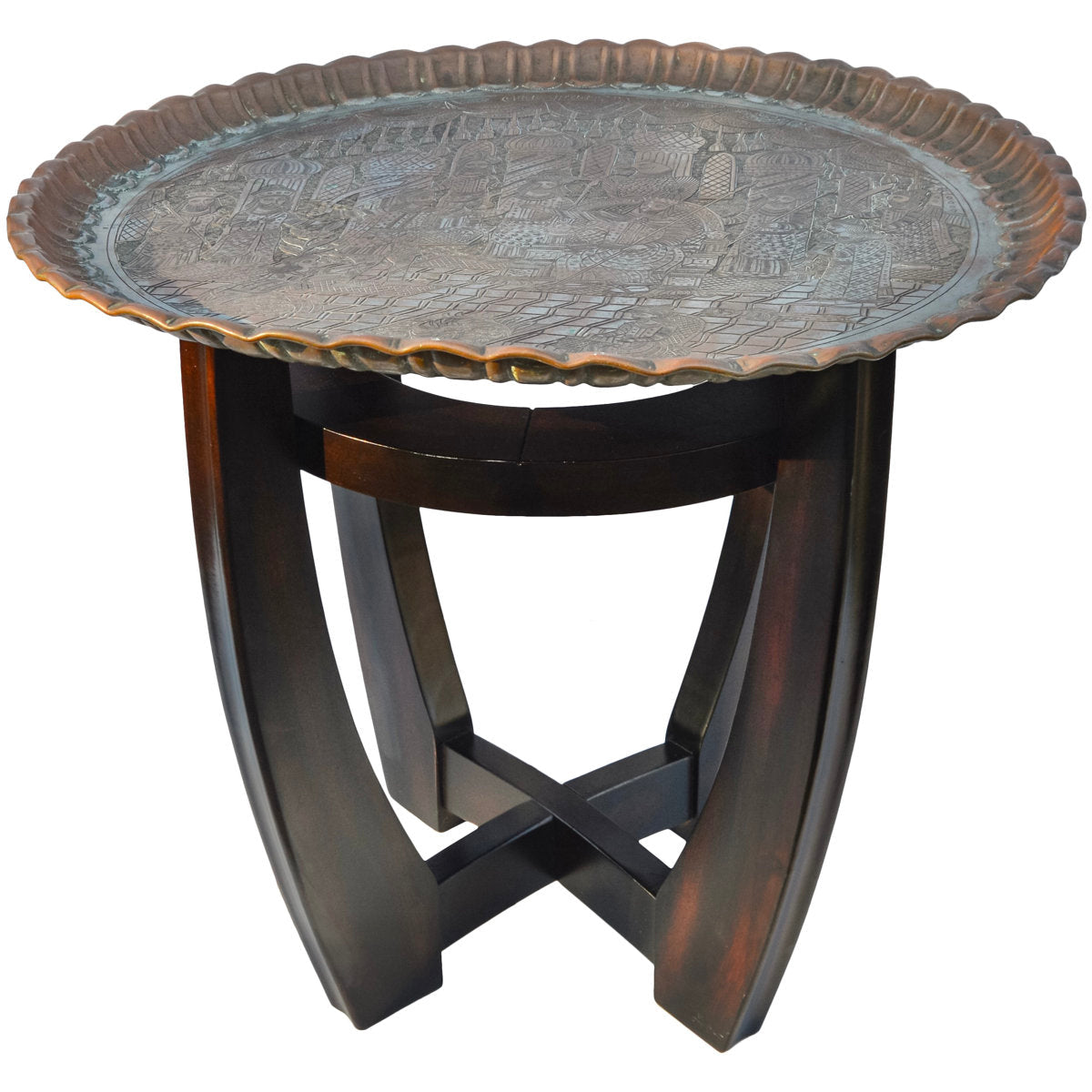The Moroccan Room Late 19Th Century Hand Engraved Copper Tray Accent Table