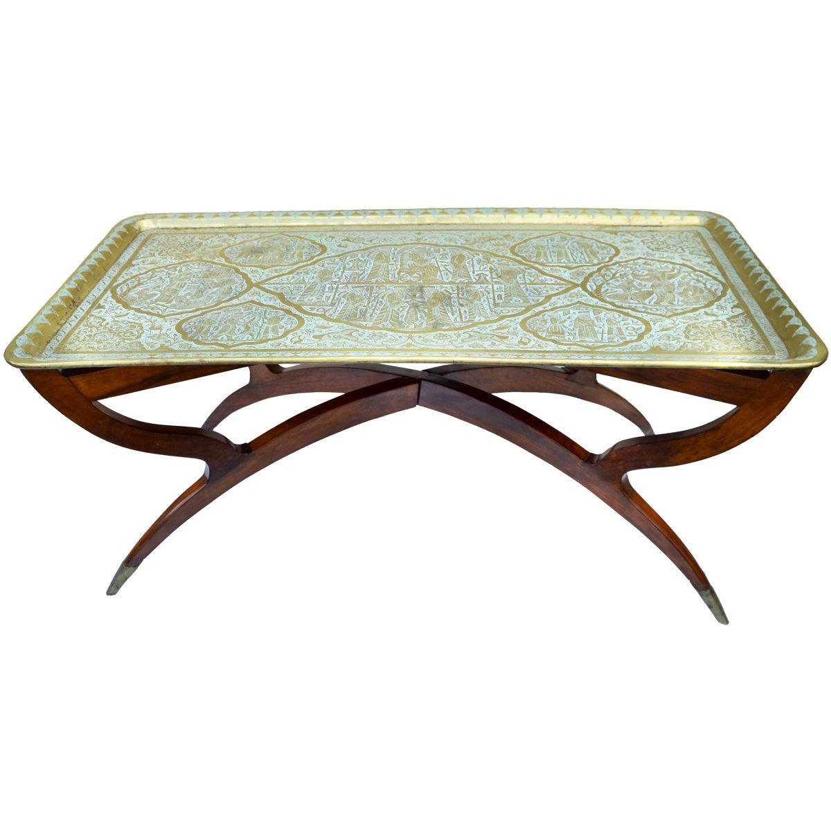 The Moroccan Room Early 20Th Century Handmade Babylonian Patterned Brass Tray Accent Table