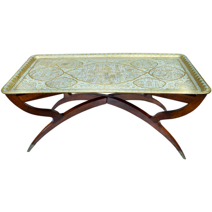 The Moroccan Room Early 20Th Century Handmade Babylonian Patterned Brass Tray Accent Table
