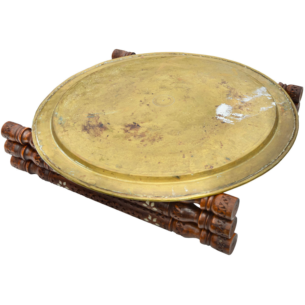 The Moroccan Room Early 20Th Century Moorish Patterned Brass Tray Table W Inlaid Wooden Base