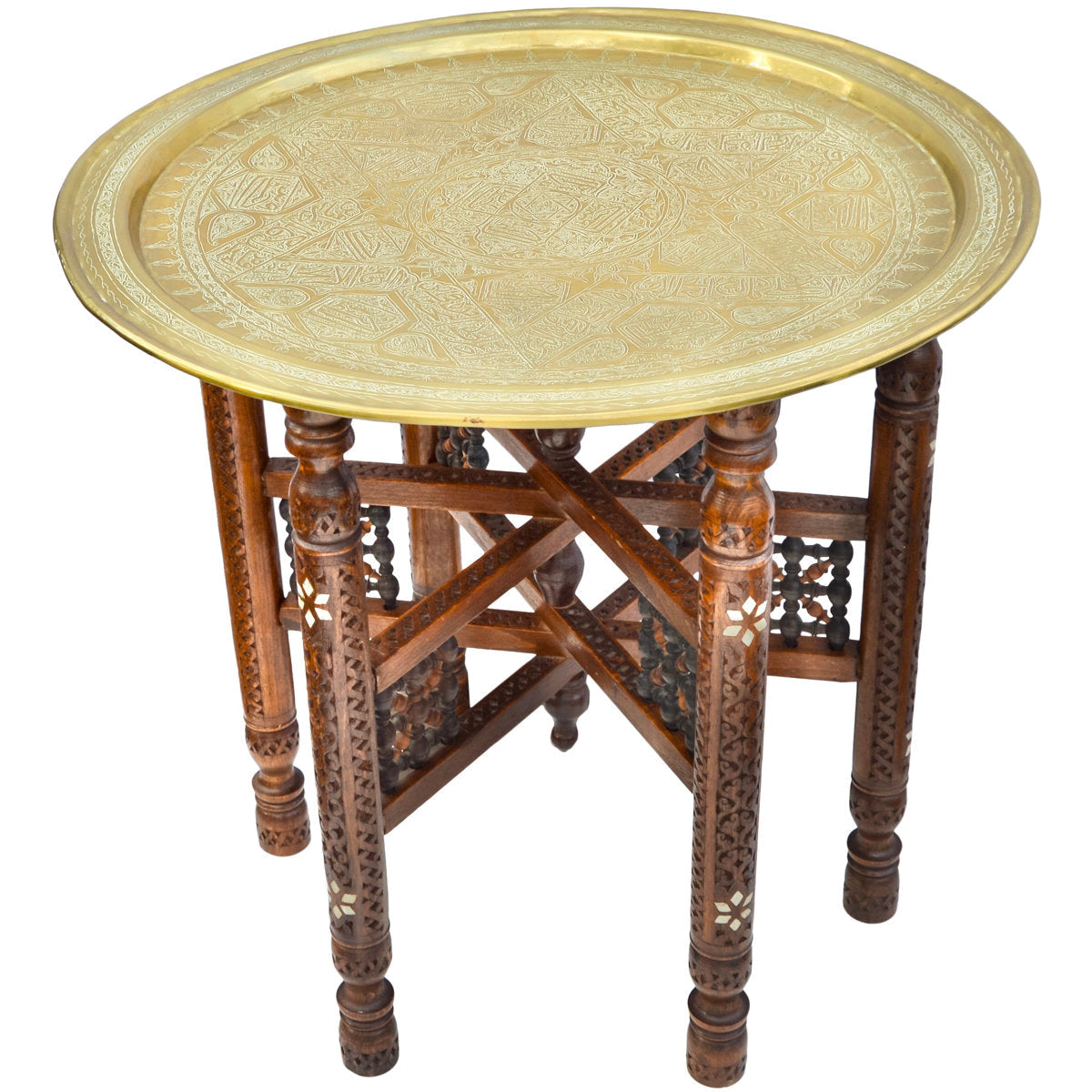 The Moroccan Room Early 20Th Century Moorish Patterned Brass Tray Table W Inlaid Wooden Base