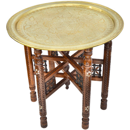 The Moroccan Room Early 20Th Century Moorish Patterned Brass Tray Table W Inlaid Wooden Base