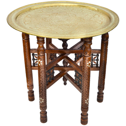 The Moroccan Room Early 20Th Century Moorish Patterned Brass Tray Table W Inlaid Wooden Base