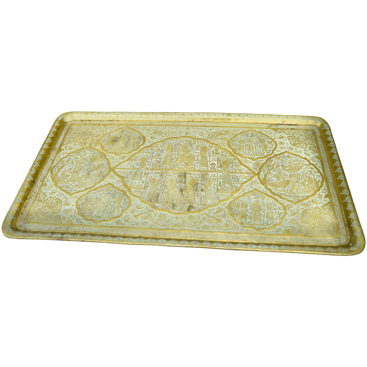 The Moroccan Room Early 20Th Century Handmade Babylonian Patterned Brass Tray Accent Table