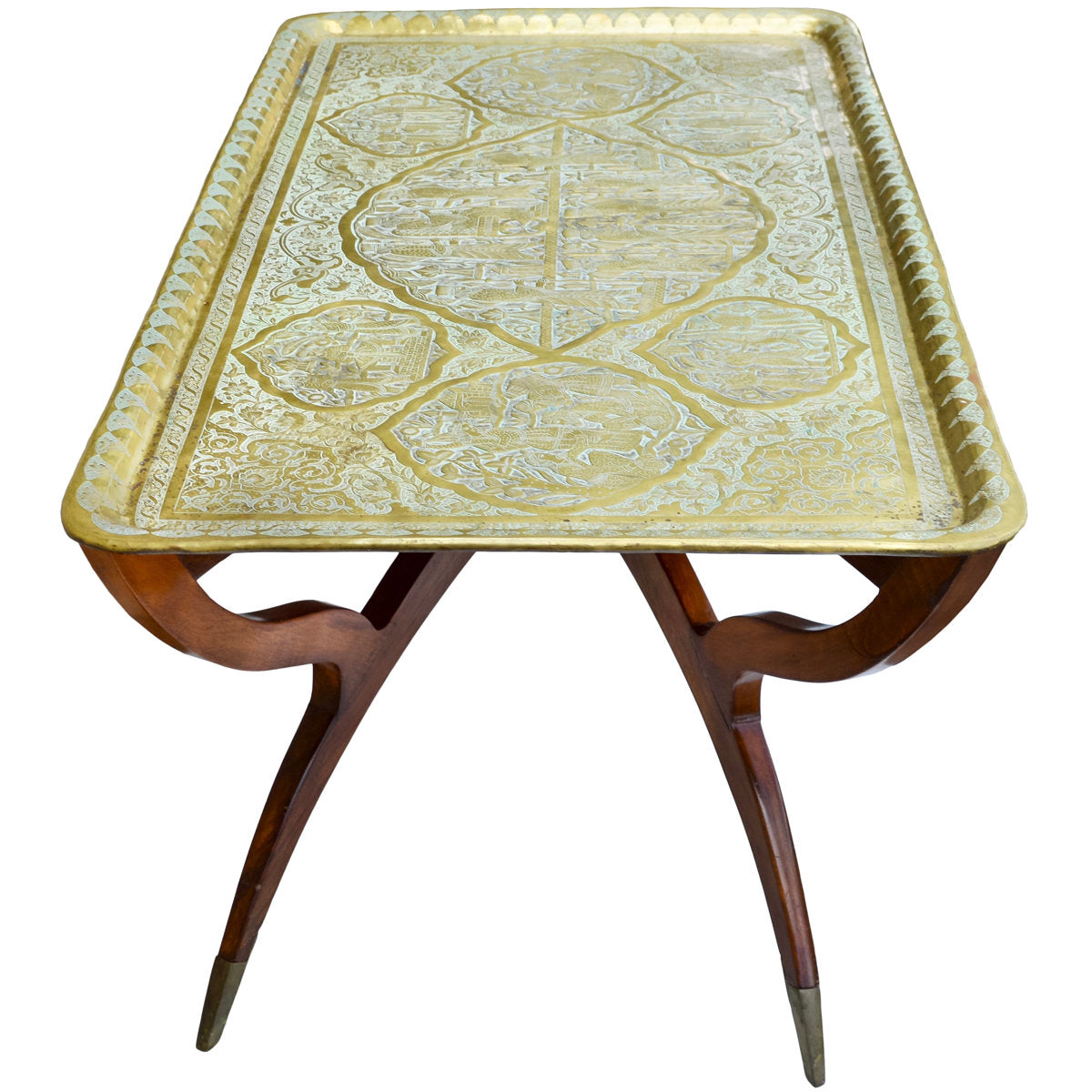The Moroccan Room Early 20Th Century Handmade Babylonian Patterned Brass Tray Accent Table