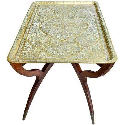 The Moroccan Room Early 20Th Century Handmade Babylonian Patterned Brass Tray Accent Table