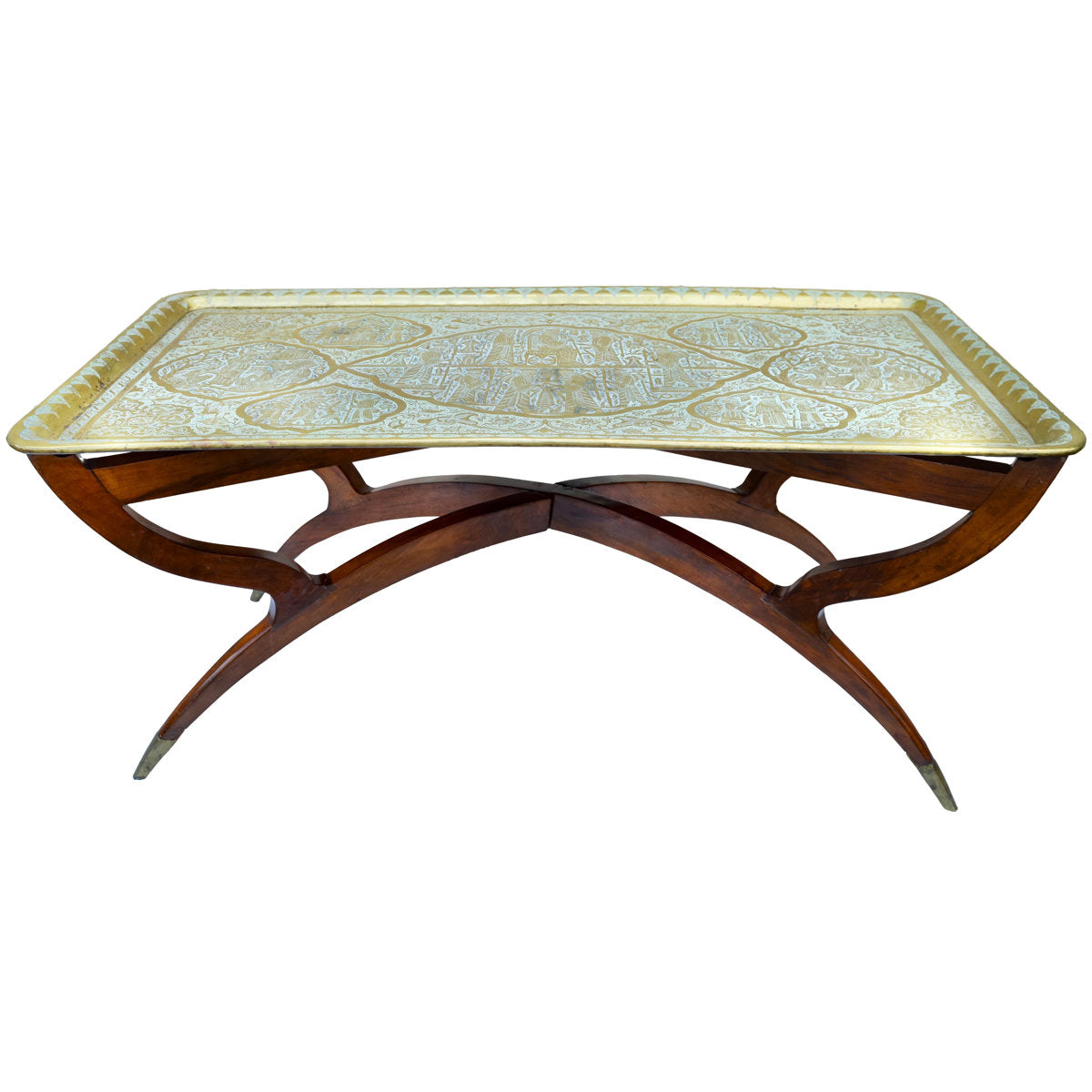 The Moroccan Room Early 20Th Century Handmade Babylonian Patterned Brass Tray Accent Table