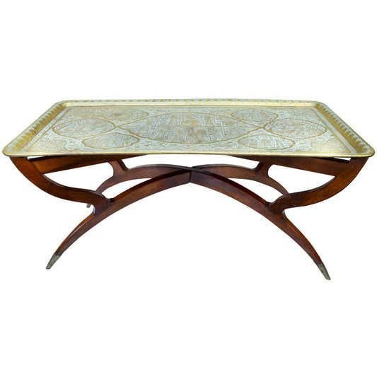 The Moroccan Room Early 20Th Century Handmade Babylonian Patterned Brass Tray Accent Table