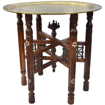 The Moroccan Room Early 20Th Century Moorish Patterned Brass Tray Table W Inlaid Wooden Base