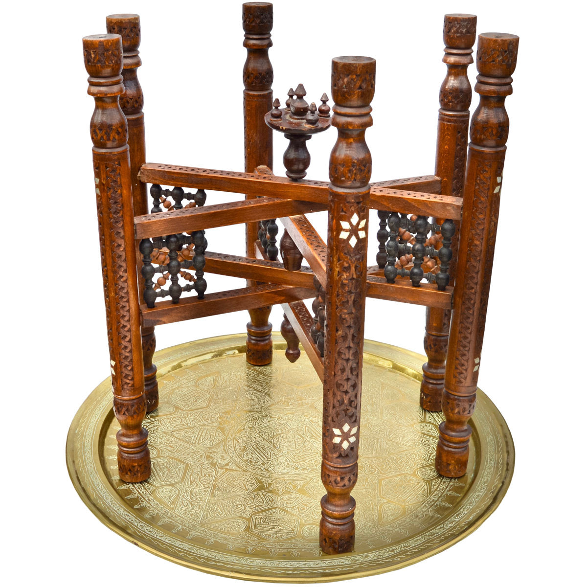 The Moroccan Room Early 20Th Century Moorish Patterned Brass Tray Table W Inlaid Wooden Base