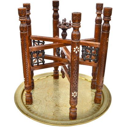 The Moroccan Room Early 20Th Century Moorish Patterned Brass Tray Table W Inlaid Wooden Base
