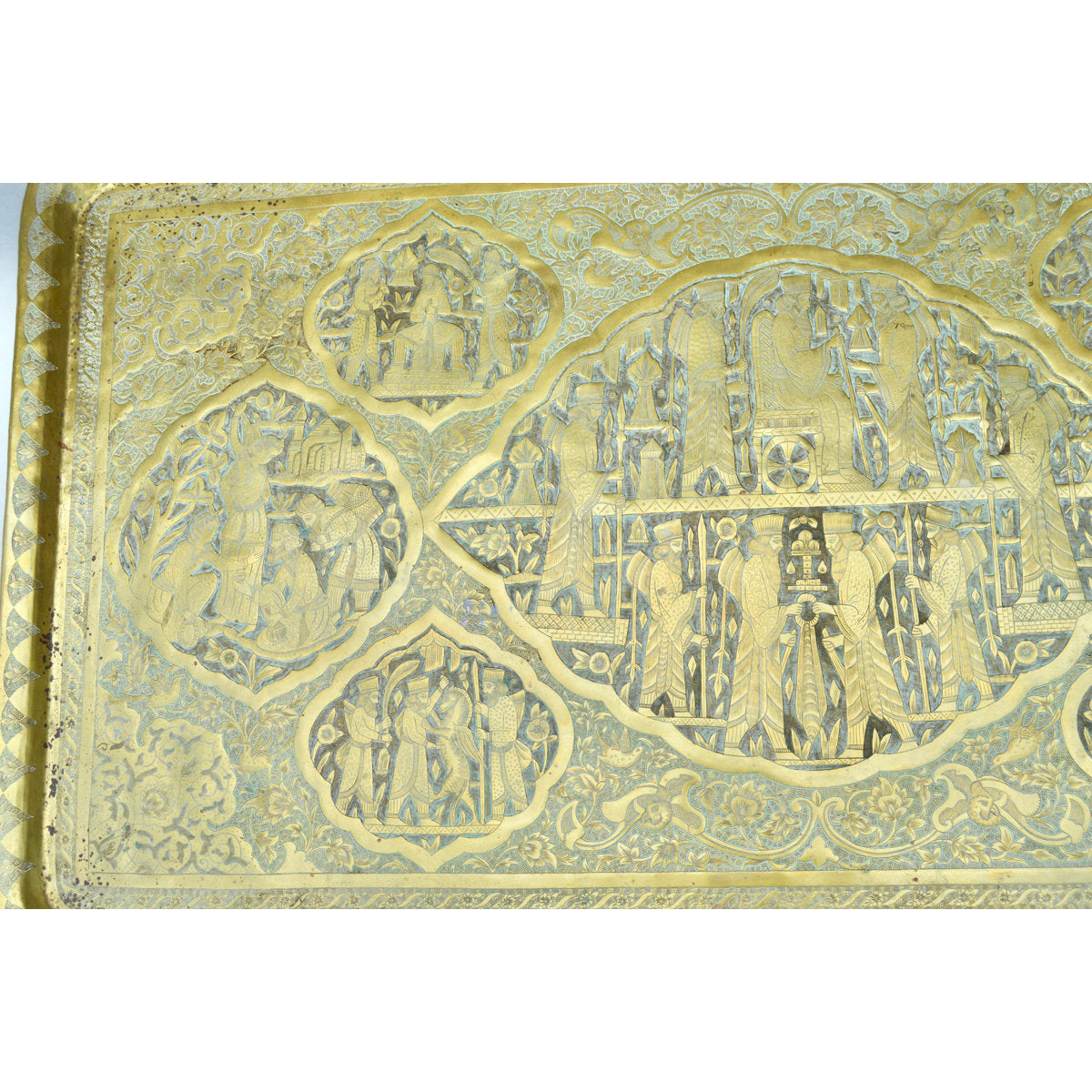 The Moroccan Room Early 20Th Century Handmade Babylonian Patterned Brass Tray Accent Table