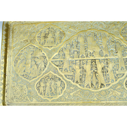 The Moroccan Room Early 20Th Century Handmade Babylonian Patterned Brass Tray Accent Table