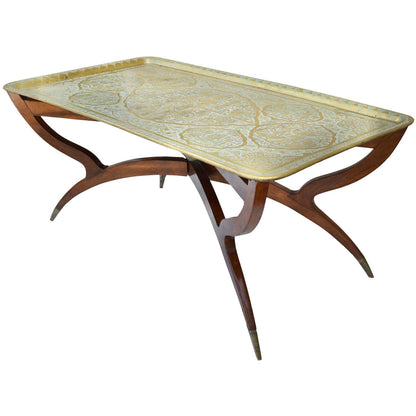 The Moroccan Room Early 20Th Century Handmade Babylonian Patterned Brass Tray Accent Table