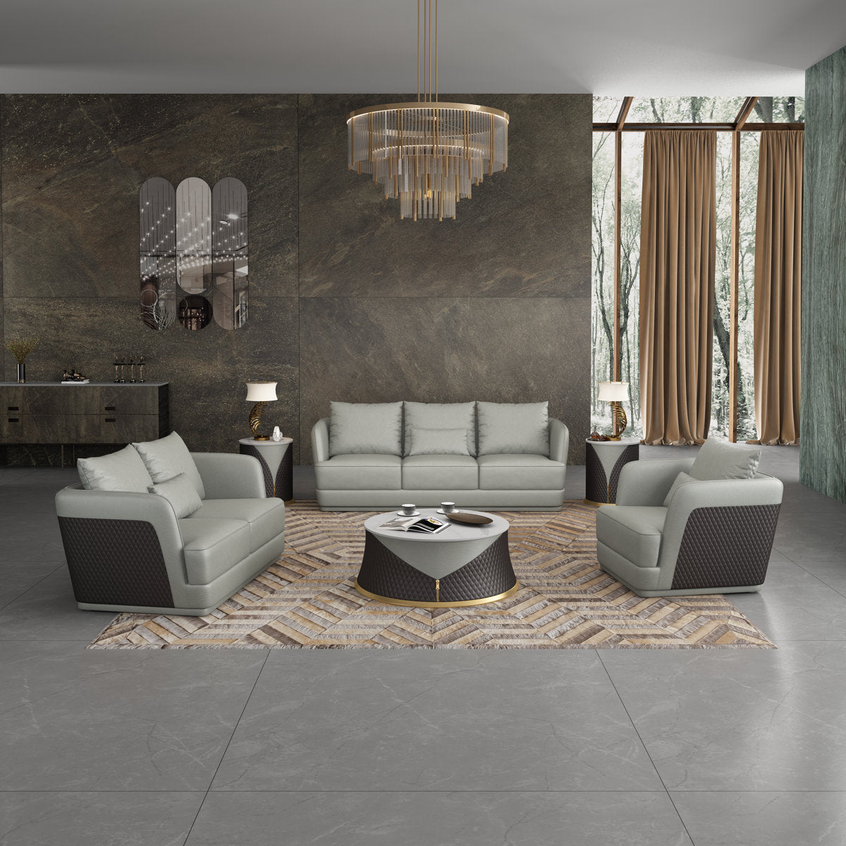 European Furniture Glamour Collection Genuine Leather 62 Wide Tuxedo Arm Modular Loveseat