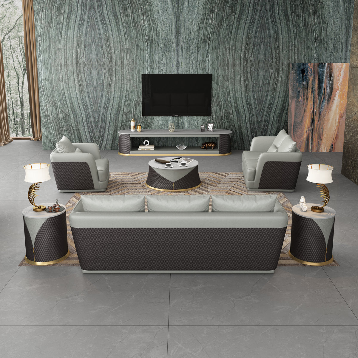 European Furniture Glamour Collection Genuine Leather 62 Wide Tuxedo Arm Modular Loveseat