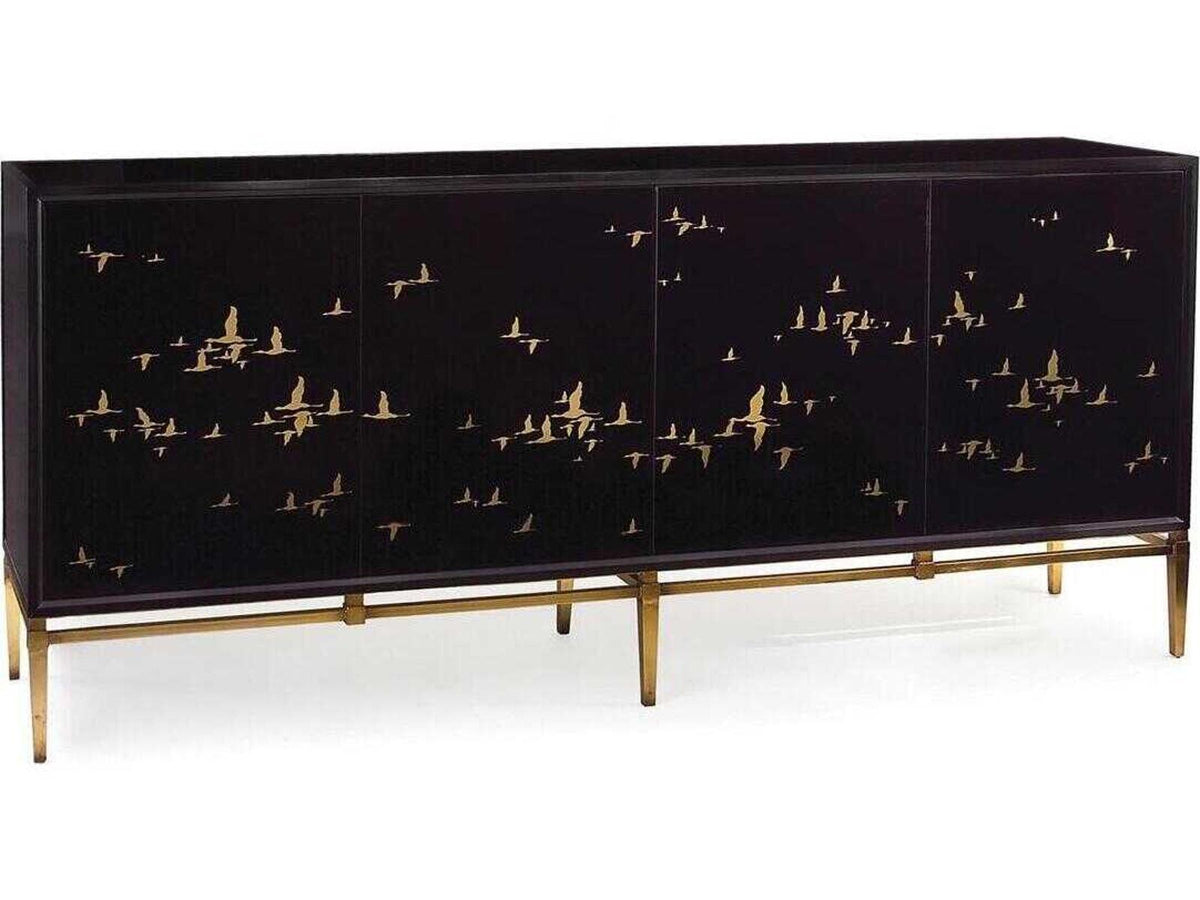 Migration Four-Door Credenza Black Glass with Old Gold Frame